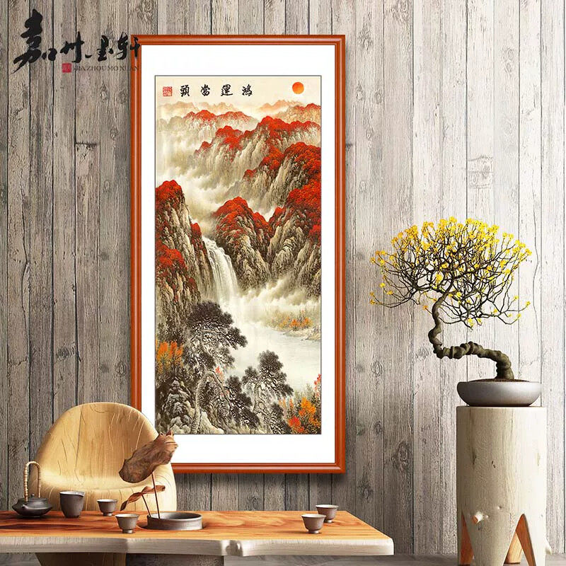 玄关装饰画竖版挂画走廊过道山水画招财风水画进门客厅中式中堂画