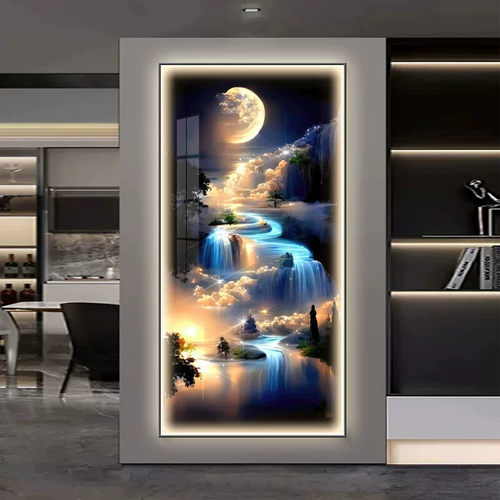 入户门玄关装饰画系夜景客厅走廊过道挂画镶钻LED发光灯画