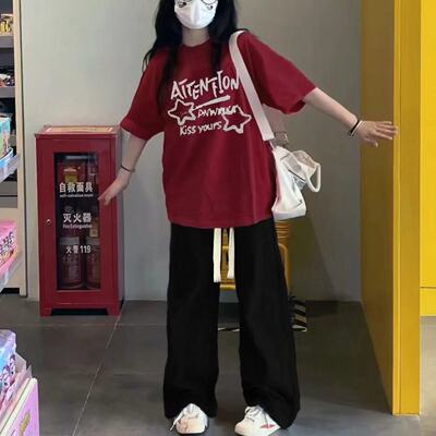 套装/单夏季爆款美式甜美学院风宽松短袖T恤休闲阔腿裤穿搭两件套