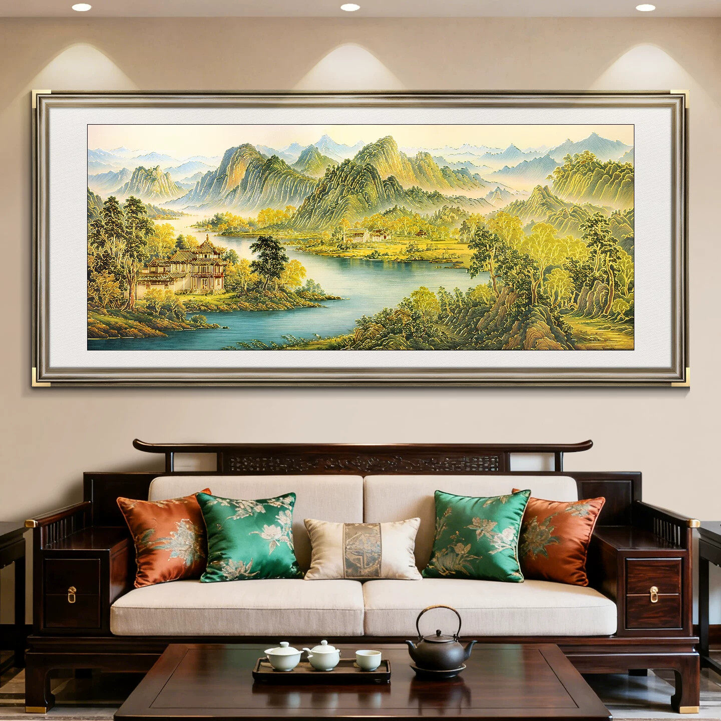 富山秀水立体描金山水风景装饰画客厅沙发背景墙挂画新中式壁画