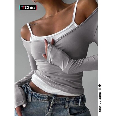 Womens Plain 2 in 1 Cold Shoulder Tee Casual Long Sleeve