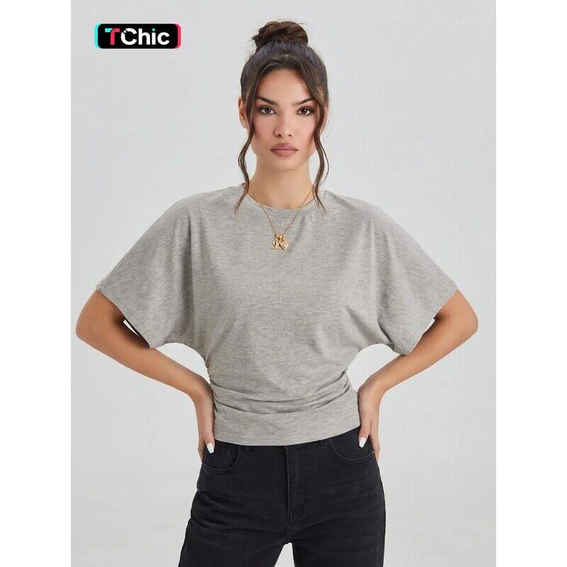Womens Leisure Solid Color Batwing Sleeve Cinched Waist Soft