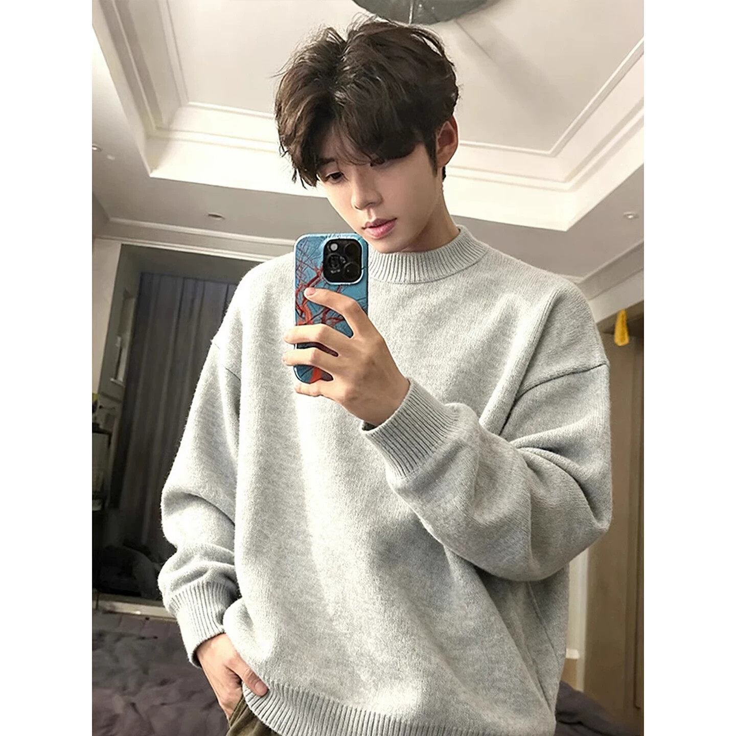 cleanfit美式浅灰色圆领毛衣男款春秋季内搭打底衫慵懒针织衫外套