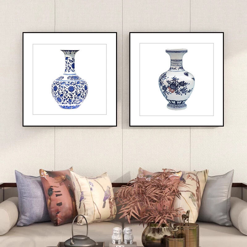 青花瓷装饰画新中式客厅挂画茶室画餐厅墙面装饰陶瓷瓷器花瓶壁画
