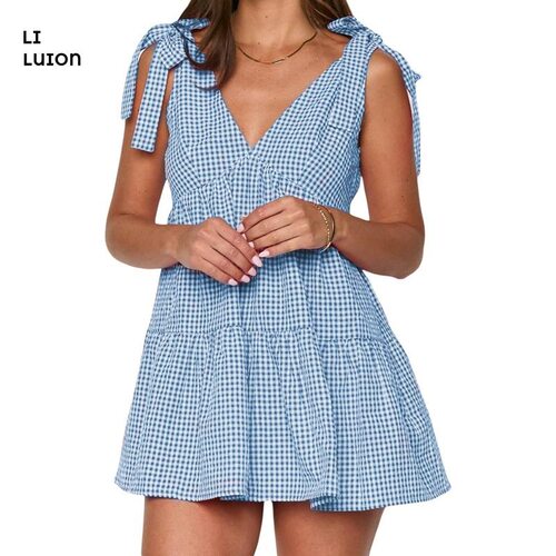 Women Summer Tie up Strap Sleeveless Dress Casual Plaid
