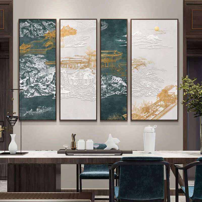 新中式民宿茶室山水风景四联挂画卧室书房背景墙浮雕立体装饰画