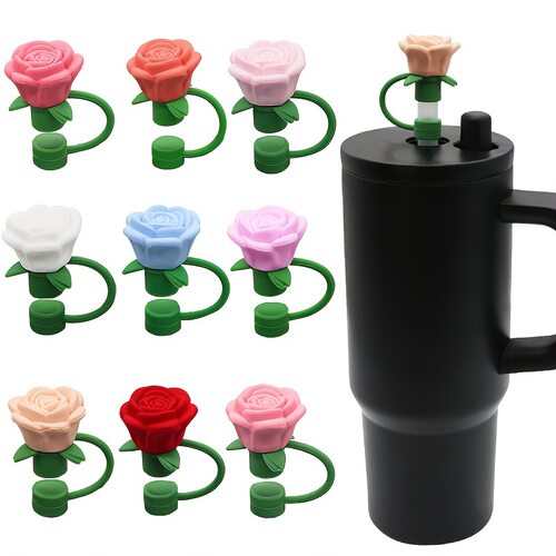 I 24139 Silicone 3D rose straw dust cover 硅胶立体玫瑰吸管防