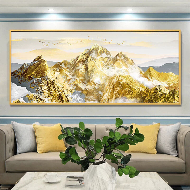 手绘油画简约客厅装饰画轻奢沙发背景壁画横幅挂画金箔立体画金山