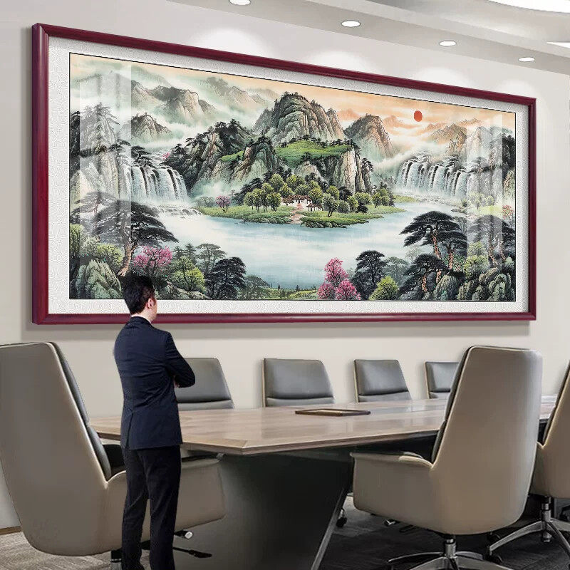 聚宝盆山水风景画流水生财国画办公室挂画客厅装饰字画背景墙壁画