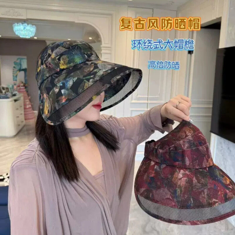 韩单款环绕式欧根纱遮阳帽女透气防紫外线大沿防晒帽树叶太阳帽子