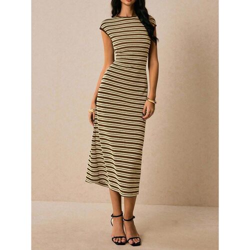 Womens Round Neck Short Sleeve Casual Striped Fitted Long