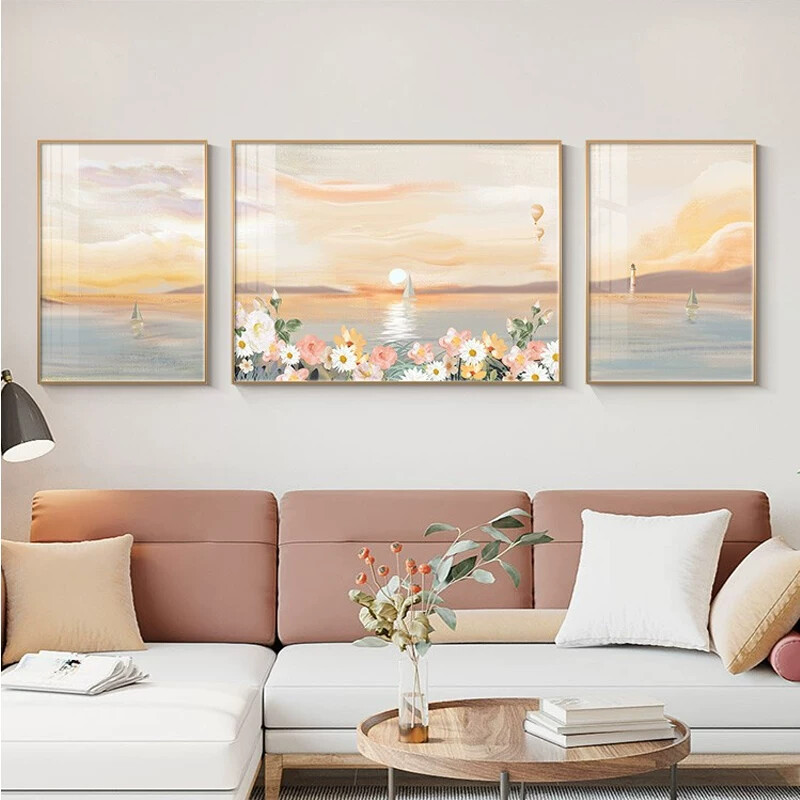 北欧风客厅装饰画唯美花海沙发背景挂画现代简约高档三联画壁画