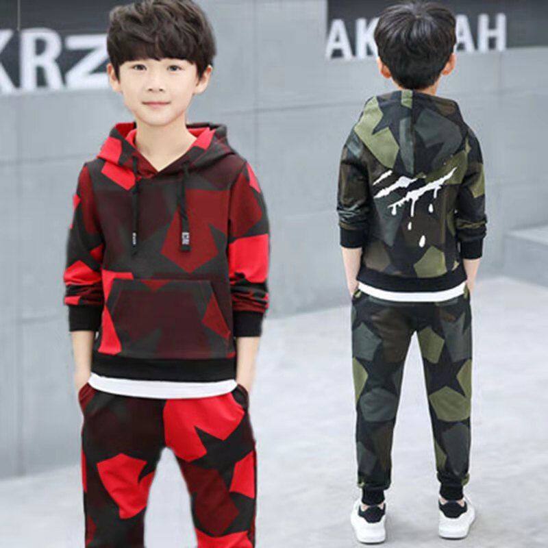 男童春季套装2021新款儿童迷彩服春秋连帽卫衣两件套童装运动小孩