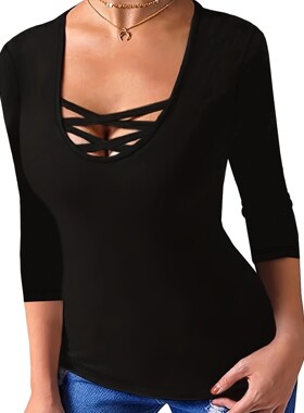 I 96691 V Neck Long Sleeve T-Shirt 性感打底衫 欧美跨境