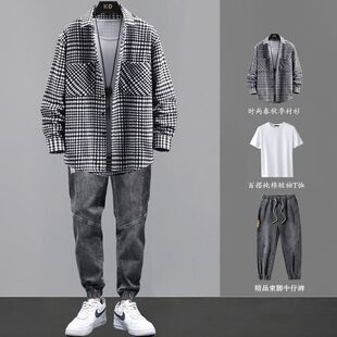 衬衣男装 格子衬衫 磨毛长袖 3件套工装 一套搭配痞帅气休闲外套 男士