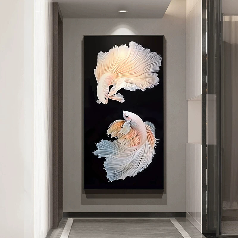 轻奢风入户玄关装饰画现代简约走廊过道挂画双鱼图客厅背景墙壁画