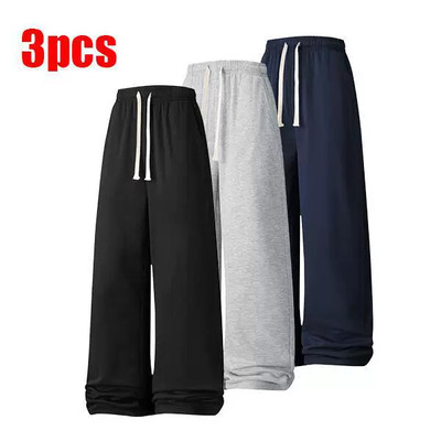 3pcs Set Gray Loose Wide Leg Drawstring Pants Casual
