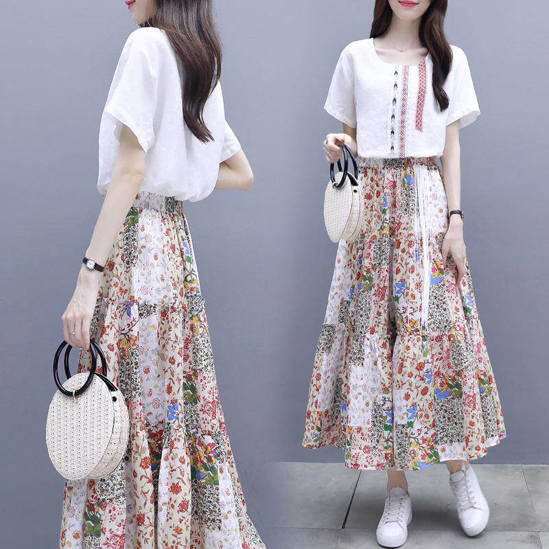 2025新款女装夏季两件套裙短袖t恤长裙连衣裙休闲时尚套装女套裙