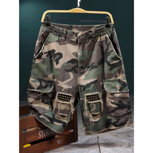 Camouflage HighCotton Cargo Shorts Distressed Streetwear
