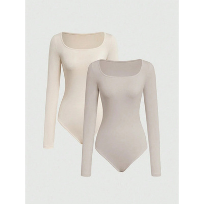 L 18821 Rib slim square neck long sleeve jumpsuit 罗纹修身方