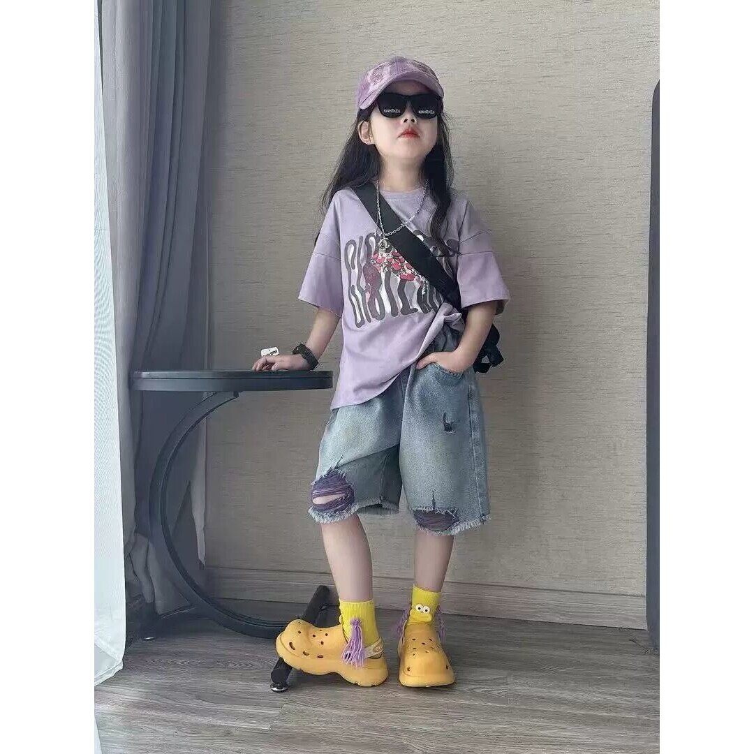 女童夏装套装2026新款儿童短袖中大童夏季休闲破洞牛仔短裤两件套
