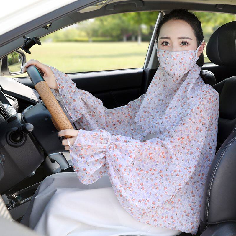 防晒手套女夏宽松大码长款防紫外线袖套遮阳面罩开车骑行雪纺薄款