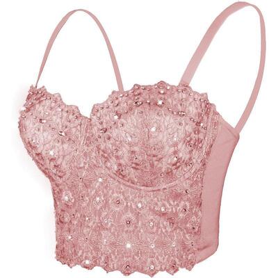 Womens Reigning Lace Rhinestone Bustier Crop Top Sexy Mesh