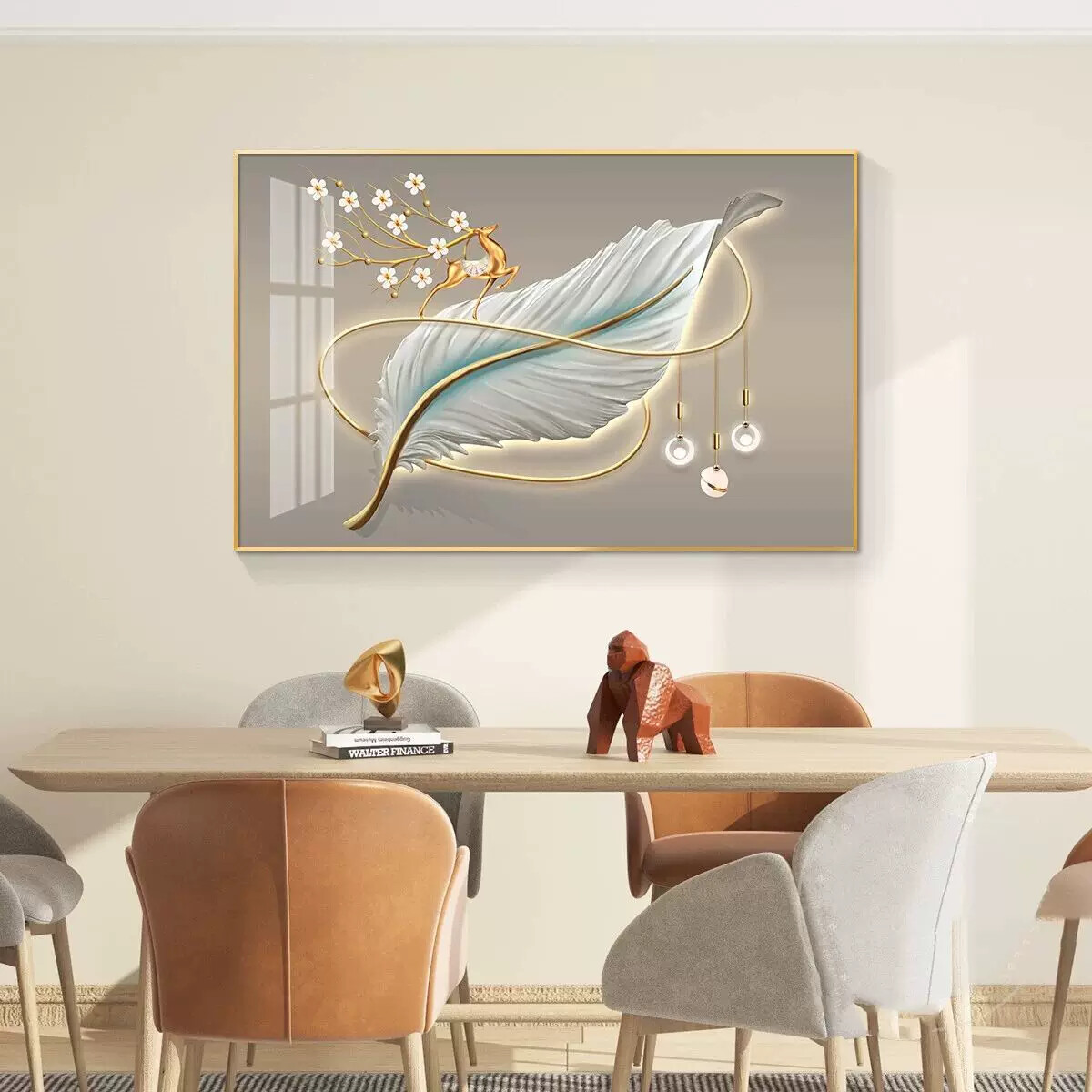 轻奢饭厅装饰画羽毛单幅饭厅厨房背景墙挂画壁画简约现代大气高档
