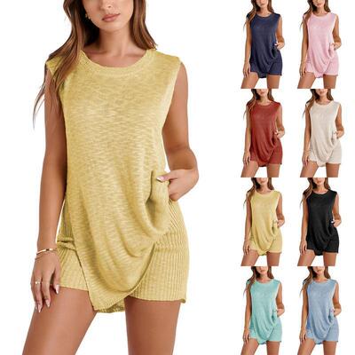 H 32051 Sleeves Knit Two-Piece Set 无袖针织两件套新款欧美