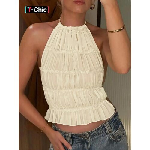 Womens Solid Color Halter Neck Top Backless Top for Summer