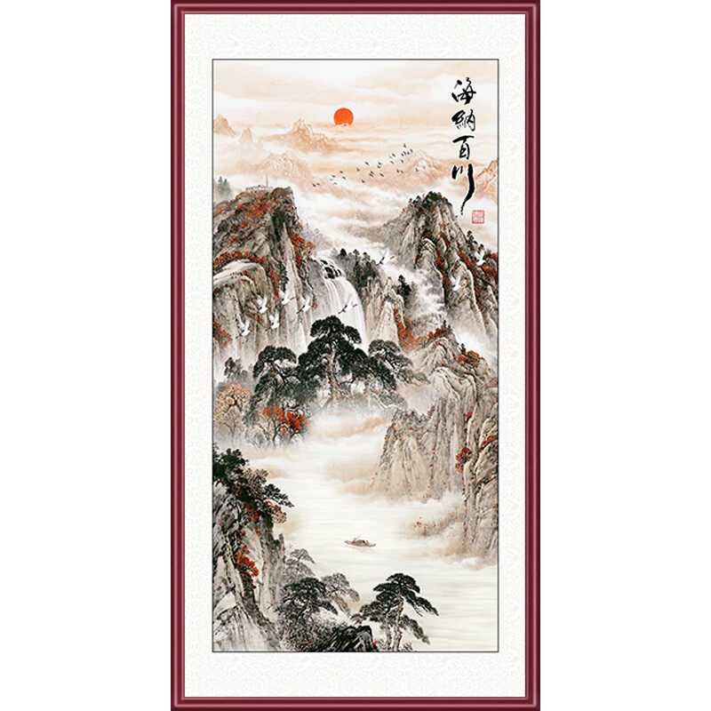 迎客松中式入户玄关装饰画山水画竖版走廊过道挂画正对门花鸟国画