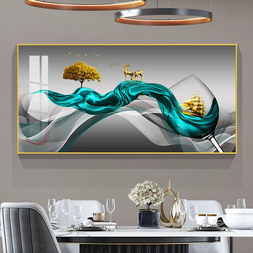 九鱼图餐厅装饰画轻奢现代简约吃饭厅酒杯壁画餐厅餐桌背景挂画