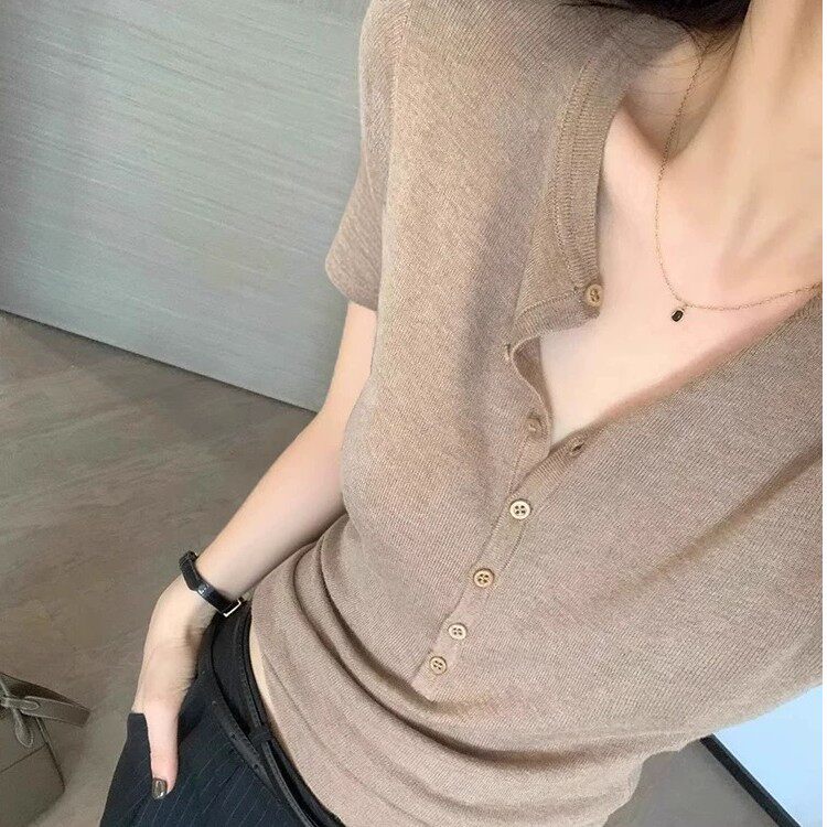 耐玛服装高级老钱风针织衫精仿修身正肩百搭显瘦针织短袖女内搭