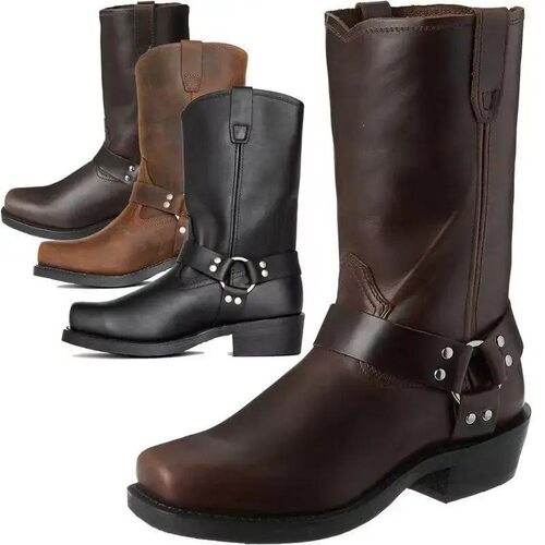 MenS Calf Boots Square Toe Tube Surface Sewing Metal Ring