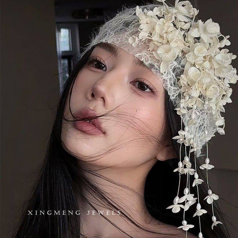 复古法式蕾丝包头帽超仙花朵流苏发饰拍摄造型气质新娘头饰品
