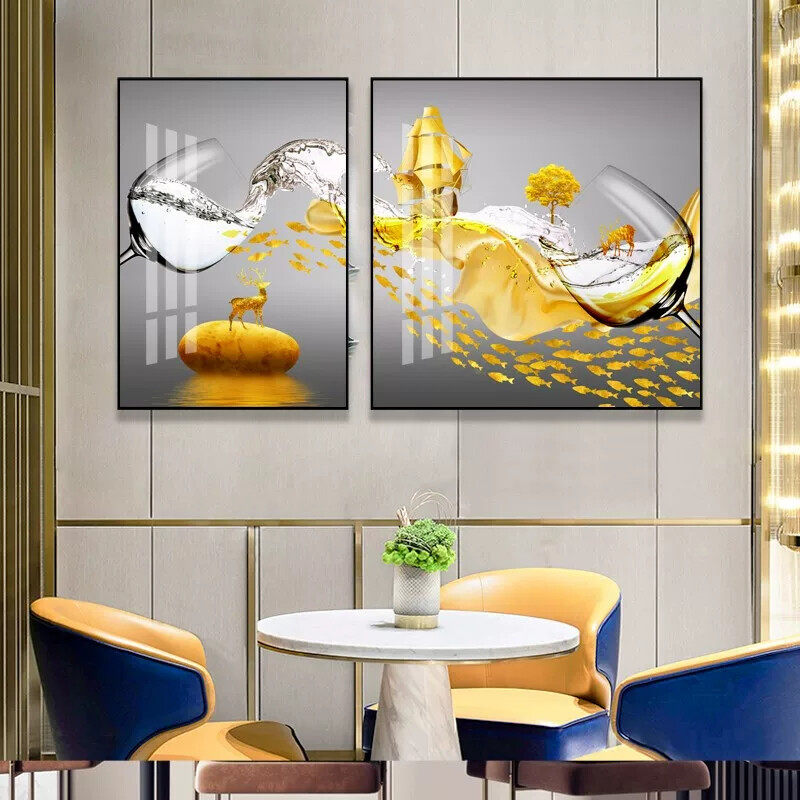 轻奢高档饭厅装饰画现代简约厨房饭厅挂画背景墙两联画客厅晶瓷画