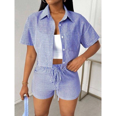 Twopiece Set Womens Striped Print Crop Shirt Shorts Casual