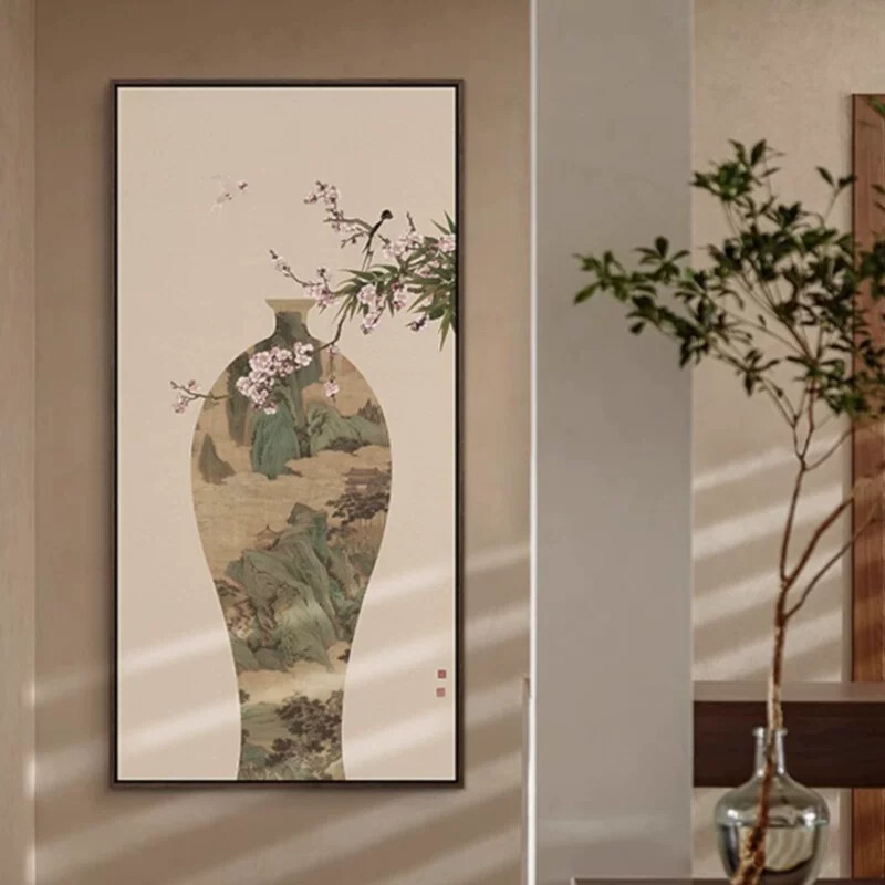 新中式花鸟山水玄关装饰画高级感正对门入户走廊背景墙挂画花瓶画