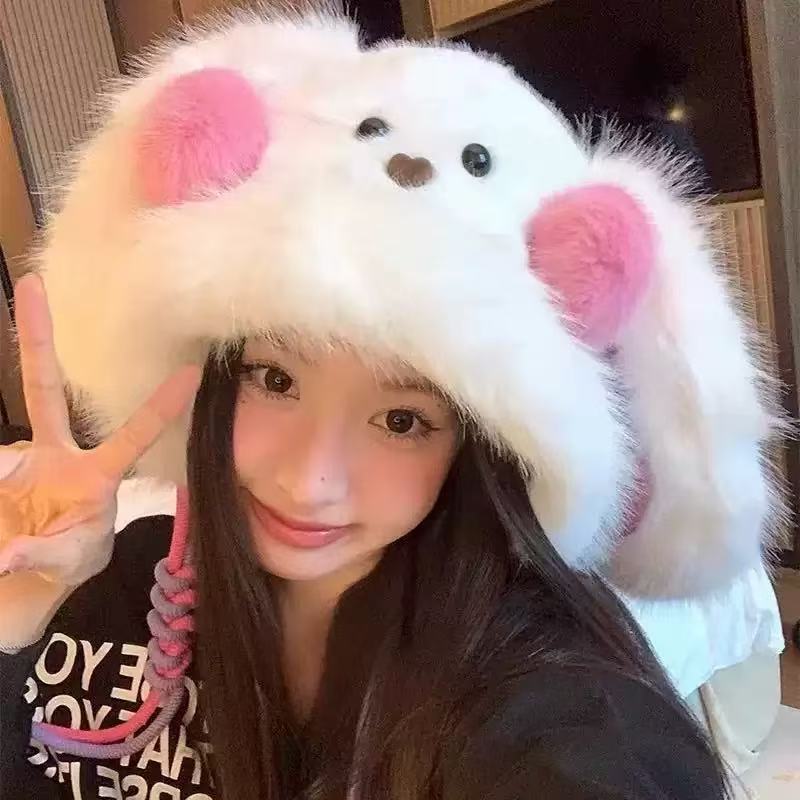一拉耳朵会动的帽子耳朵卡通会动保暖防寒加厚冬季新款可爱毛绒小