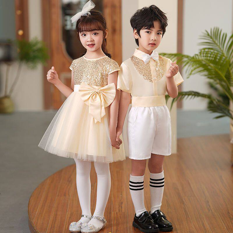 儿童公主裙演出服六一女童蓬蓬裙幼儿园舞蹈服粉色蝴蝶结亮片纱裙