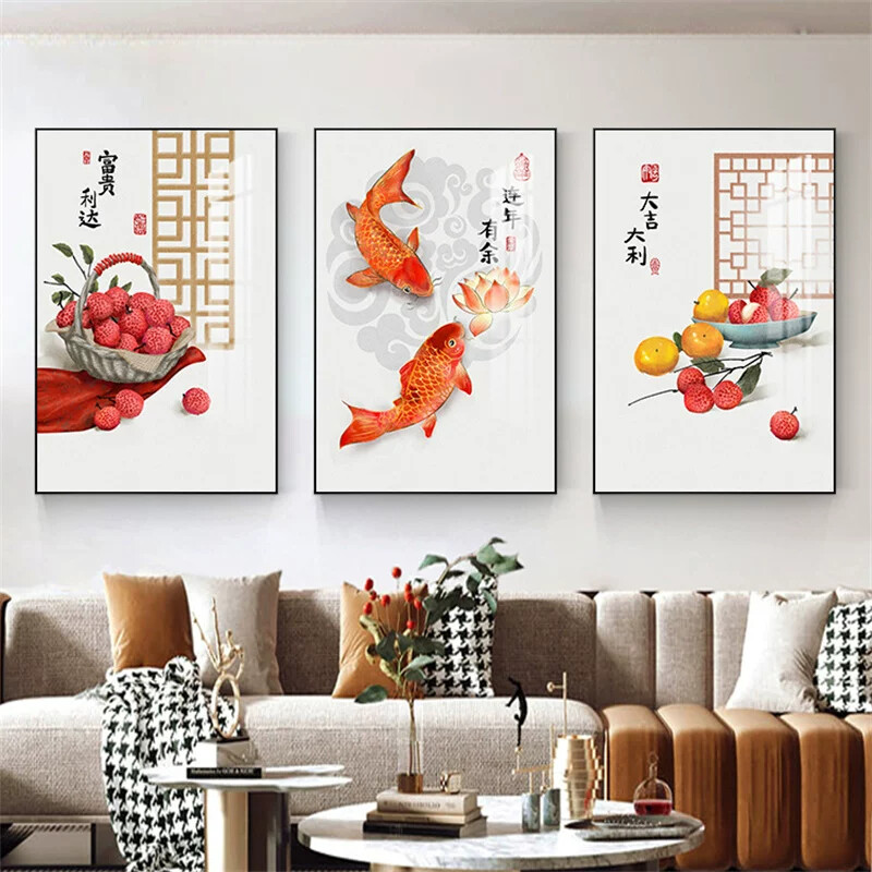 新中式客厅装饰画三联画现代沙发背景墙挂画年年有鱼年画大气壁画