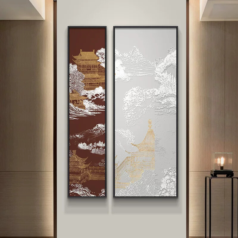 新中式玄关装饰画客厅入户背景墙挂画正对门山水画走廊过道壁画