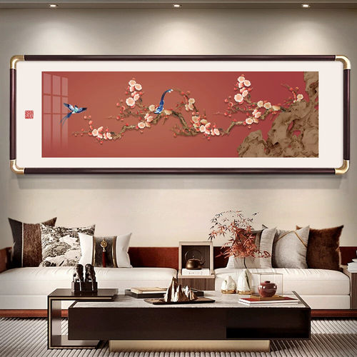 喜上枝头客厅装饰画新中式高级感沙发背景墙挂画横幅喜庆花鸟壁画