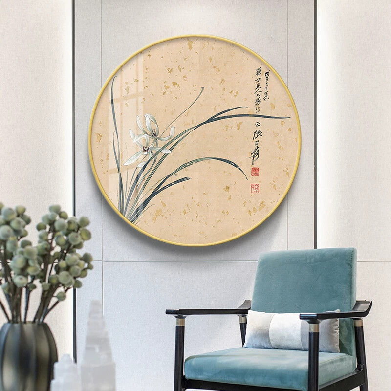 新中式圆形装饰画轻奢挂画客厅玄关餐厅壁画荷花画中国风晶瓷画