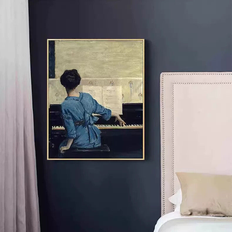 弹钢琴的女子装饰画卧室餐厅复古风壁画音乐教室艺术画钢琴房挂画