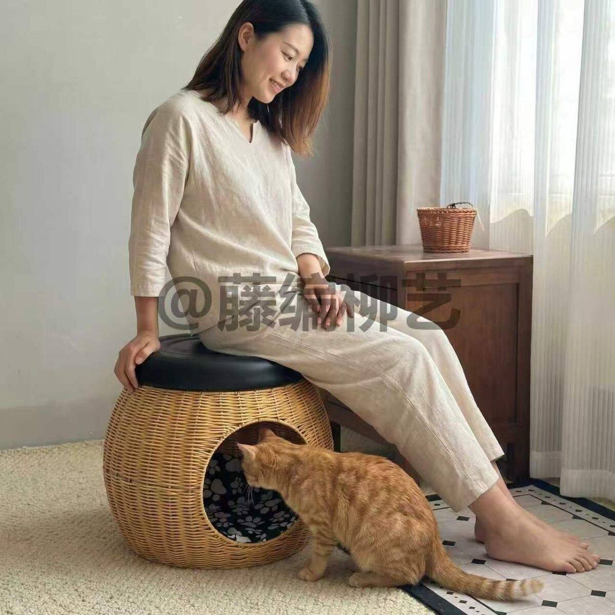藤编猫窝四季透气可坐人一体可双层狗窝别墅高颜值猫床爬架易清洗
