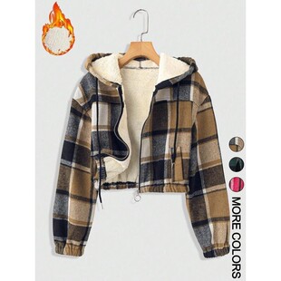 Print Hooded Short Jacket Lined Plaid Warm Women Zipper