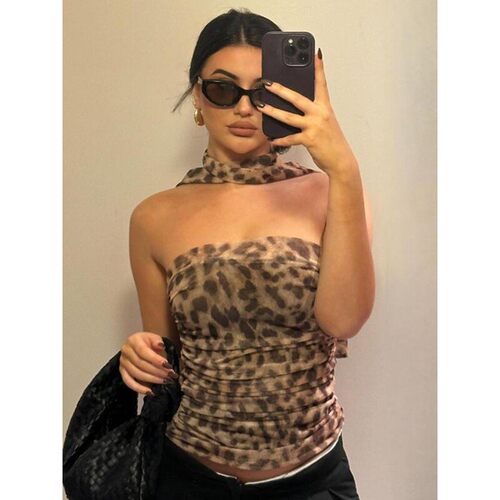 Womens Leopard Print Ruched Mesh Tube Top with Scarf Casual