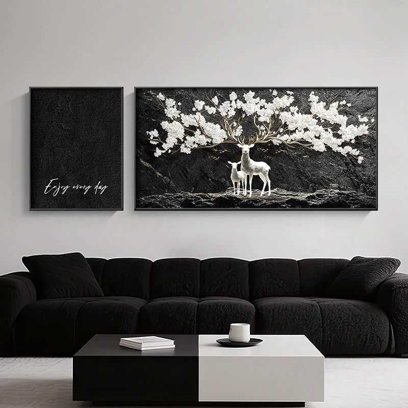 客厅装饰画轻奢高级感鹿沙发背景墙壁画简约现代大白墙挂画二联画