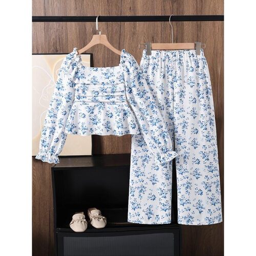 T 71393 French Floral Long Sleeve Set 女童碎花套装 代发